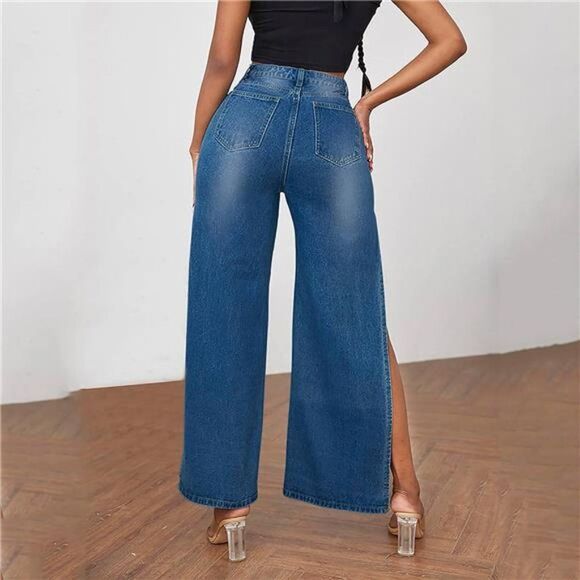 High Waisted Wide Leg Ripped Jeans with High Side Slit and Distressed Denim - Picture 3 of 5